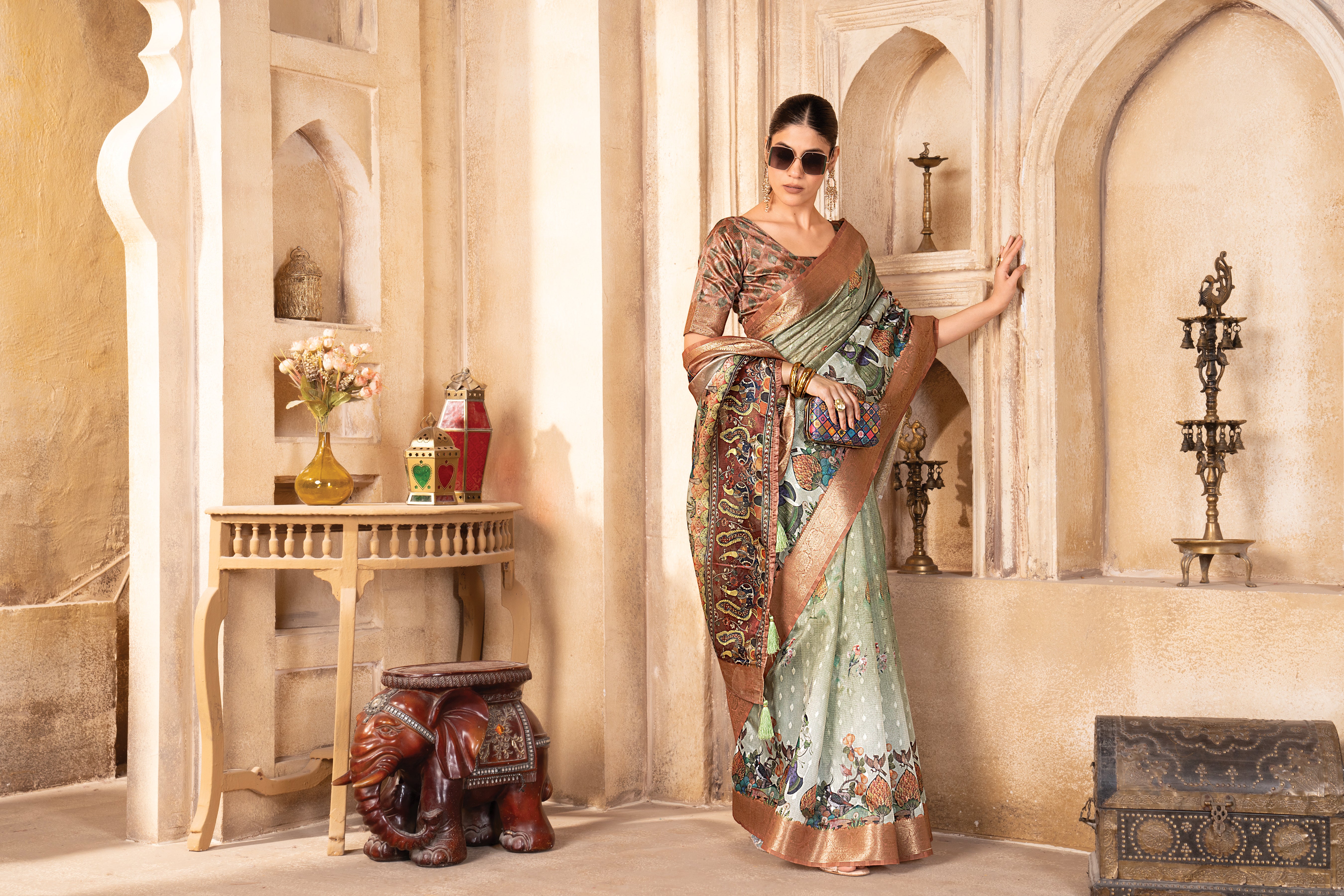Pista Green Tussar Silk Figure Print Saree